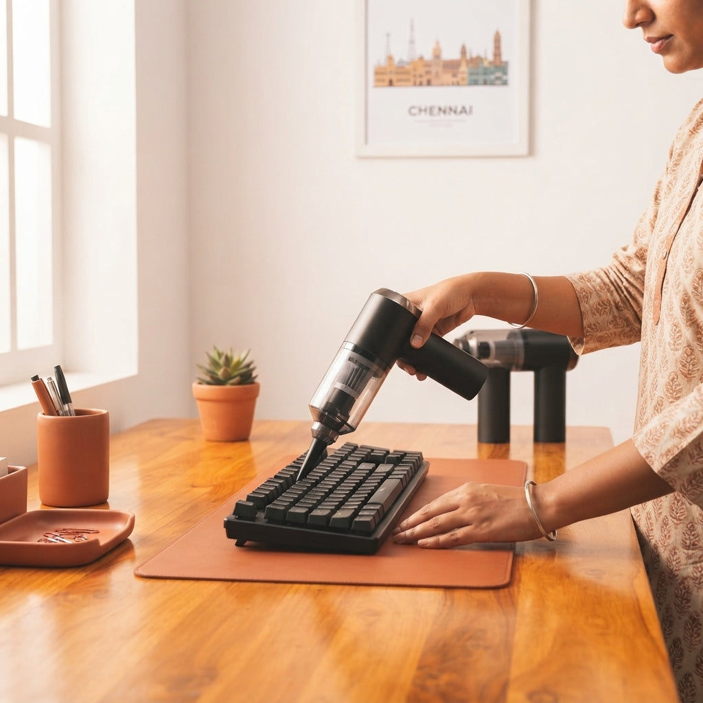 A person using a multifunctional air duster to clean a mechanical keyboard on a wooden desk with terracotta accessories.