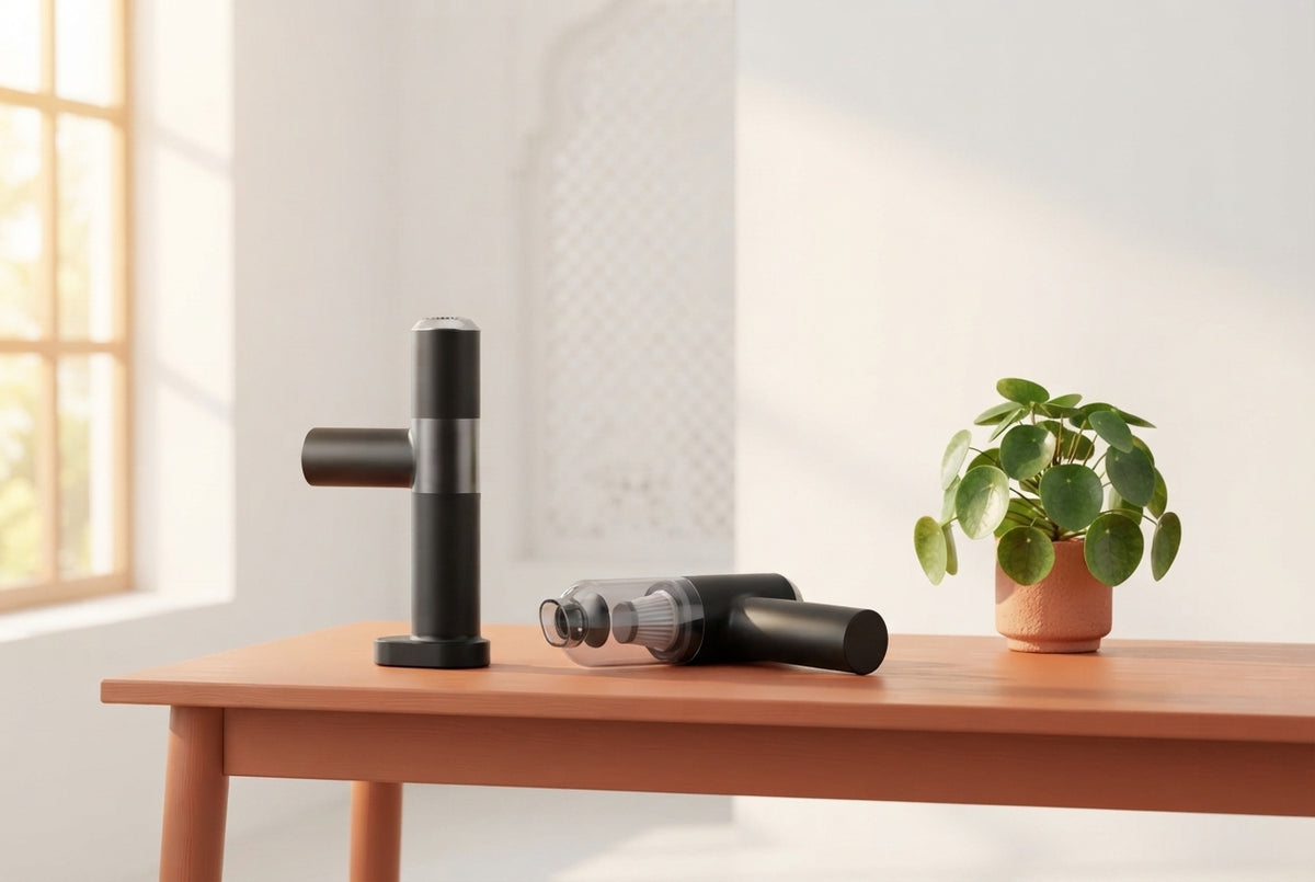 Two multifunctional air duster cleaners sitting on a terracotta desk with a houseplant in a bright, modern South Asian home.